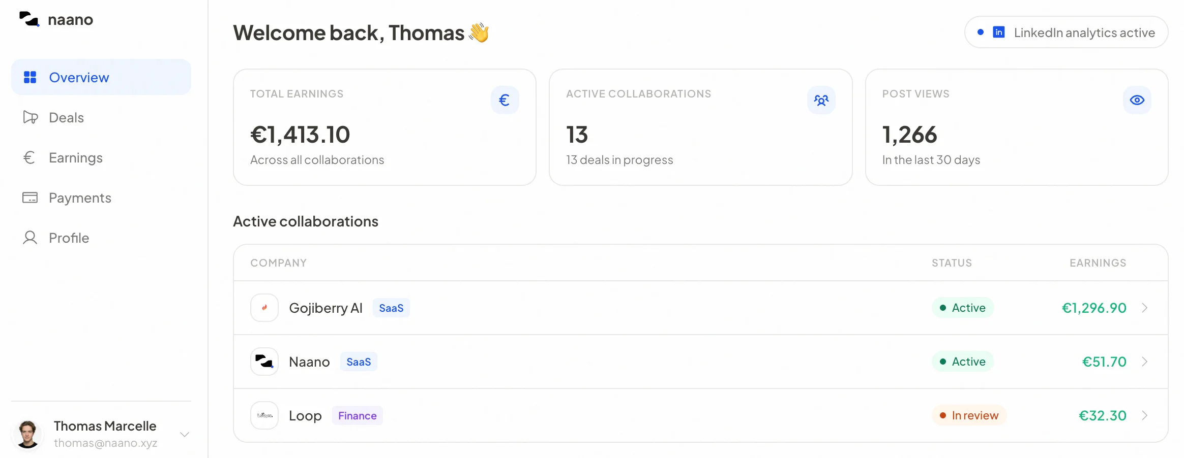 The Naano creator dashboard